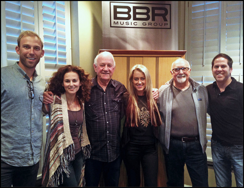 (L to R: Fitzgerald Hartley’s Nick Hartley; Sherrie Austin; BBR Music Group’s Benny Brown;  Brooke Eden; Fitzgerald Hartley’s Larry Fitzgerald; BBR Music Group’s Jon Loba)  